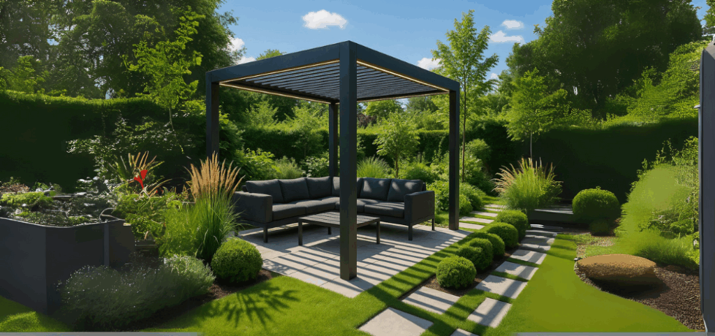 Tuin slim indelen met een lamellen overkapping