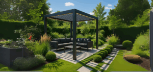 Tuin slim indelen met een lamellen overkapping