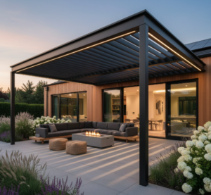 Stalen overkapping met lamellen